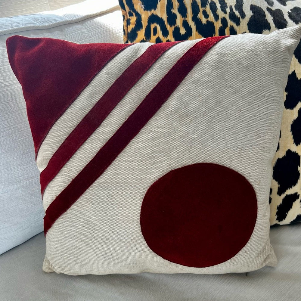 Vintage Mid century Modern Linen and Suede Throw Pillow Geometric MCM